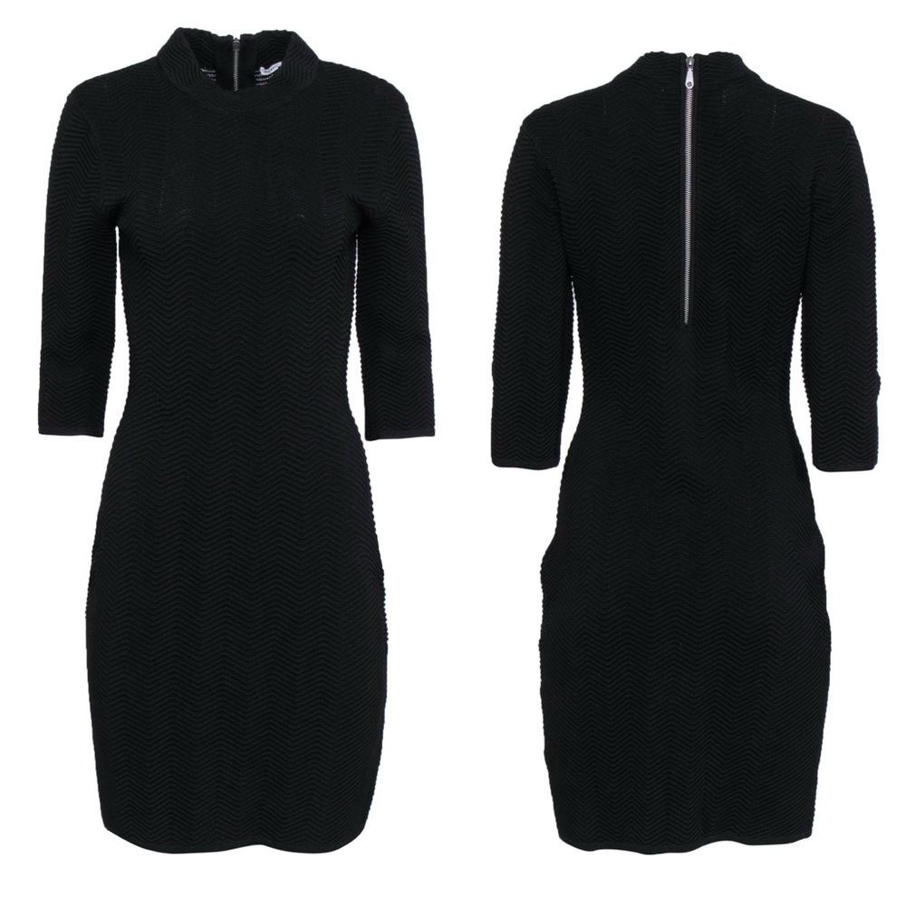 Rebecca Minkoff Black Stretch Textured Zig-Zag Ribbed Bodycon Dress Size M - Picture 1 of 12